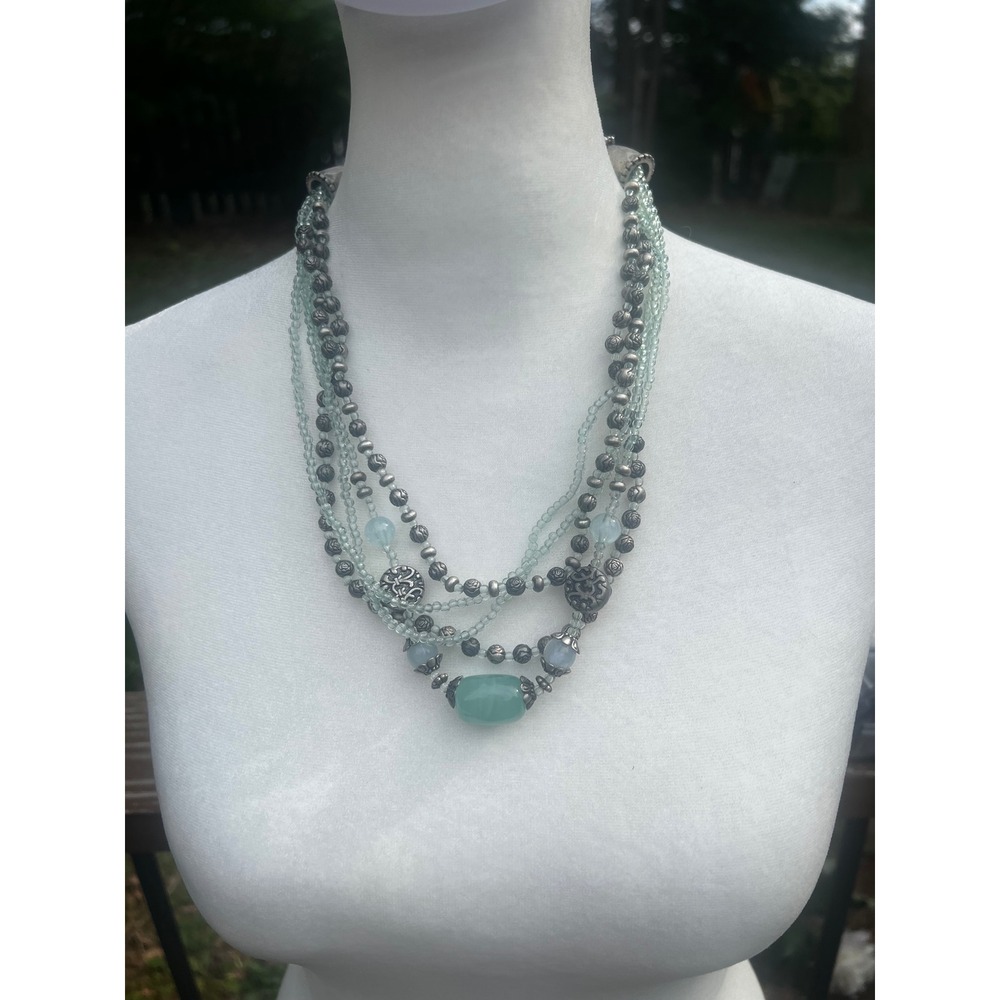 Premier Designs Vintage Multi Strand Aqa Bead Necklace Silver Tone Statement
